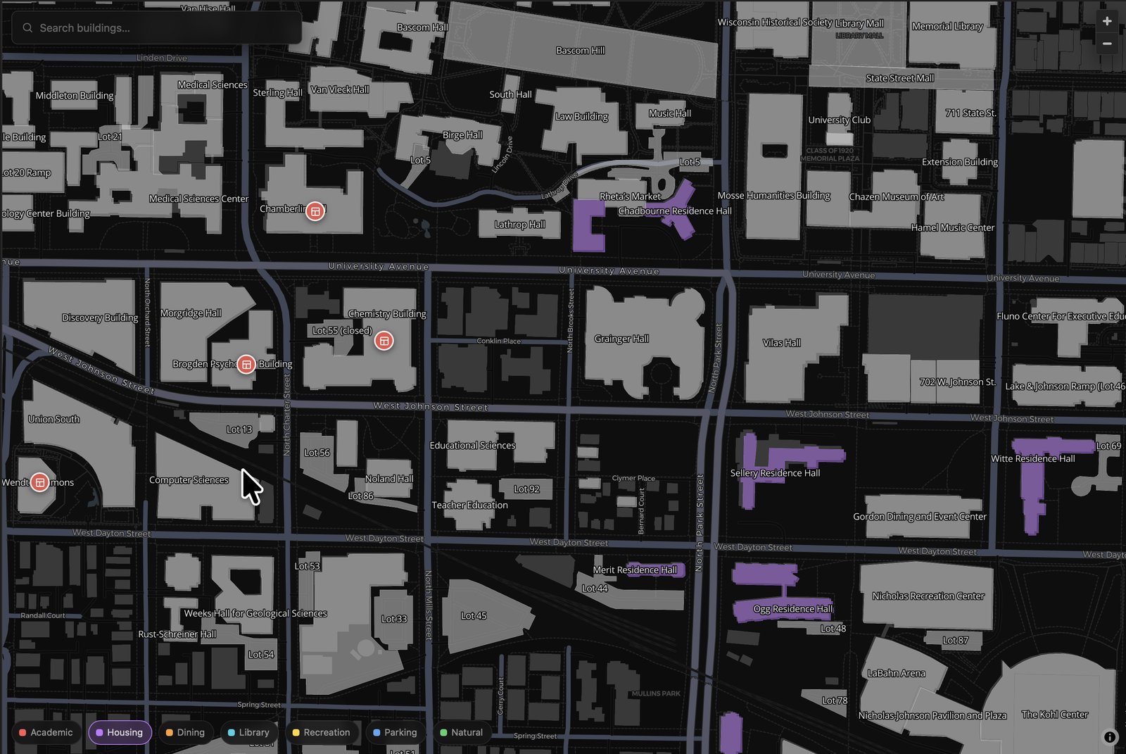 Browse campus buildings and venues by category.